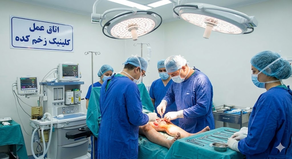 تیم جراحی عروق و متخصصین زخم در حال انجام جراحی زخم پای دیابتی و دبریدمان تخصصی در اتاق عمل زخمکده.