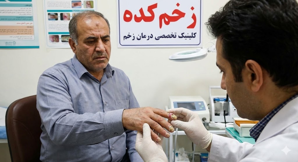 معاینه تخصصی زخم قارچی ناخن و زخم سر انگشتان دست توسط پزشک در کلینیک زخمکده.