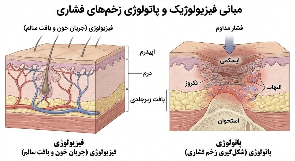 نمودار مقایسهای فیزیولوژی پوست سالم با جریان خون طبیعی در برابر پاتولوژی شکلگیری زخم فشاری ناشی از فشار مداوم، ایسکمی و نکروز بافت، که درک آن برای پیشگیری و درمان زخم بستر ضروری است.