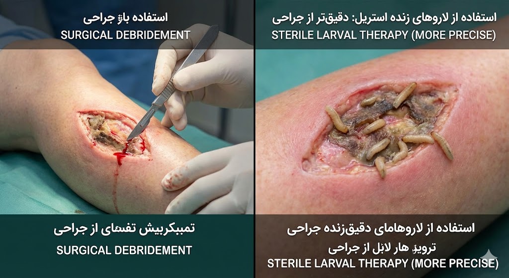 تصویر مقایسهای دبریدمان جراحی با تیغ (سمت چپ) و لارو درمانی زخم با دقت بالا (سمت راست).