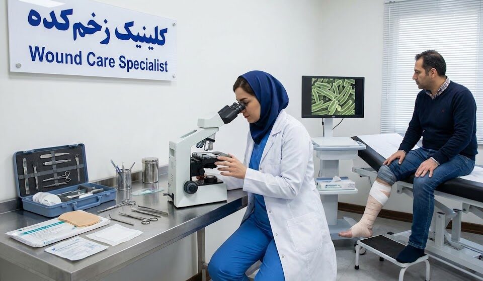 متخصص در حال بررسی نمونه میکروسکوپی باکتری برای تشخیص دقیق و شروع درمان زخم عفونی در کلینیک.