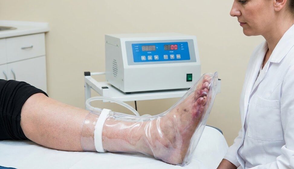 پزشک متخصص در حال نظارت بر اوزون تراپی زخم پای بیمار با علائم ایسکمی و خطر سیاه شدن انگشتان (گانگرن) با استفاده از محفظه مخصوص چکمهای.