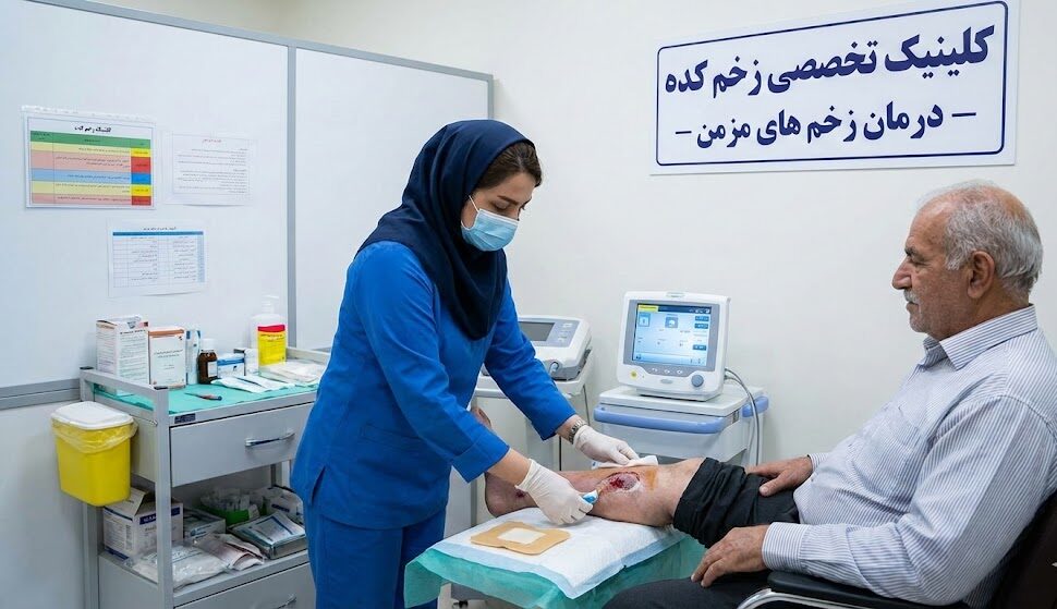 پزشک متخصص در حال انجام مراحل درمان زخم مزمن پای بیمار سالمند در محیط استریل کلینیک تخصصی زخمکده.