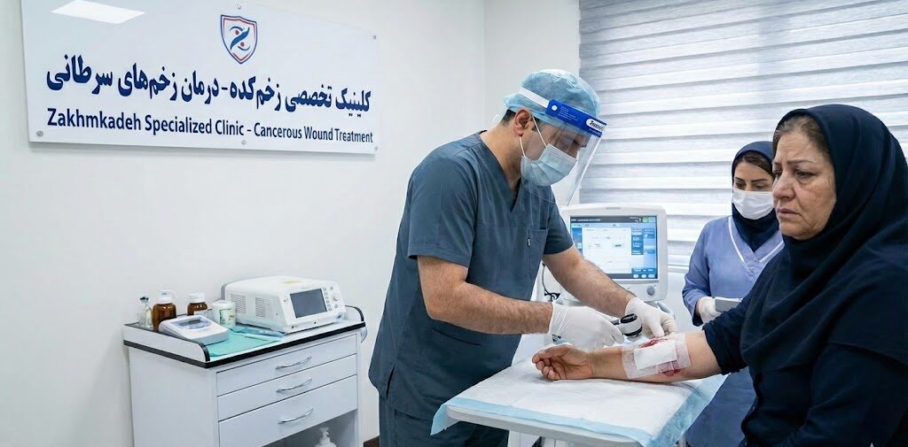 پزشک متخصص در حال انجام مراحل درمان زخم سرطانی و تعویض پانسمان روی دست بیمار سالمند در محیط استریل کلینیک تخصصی زخمکده.