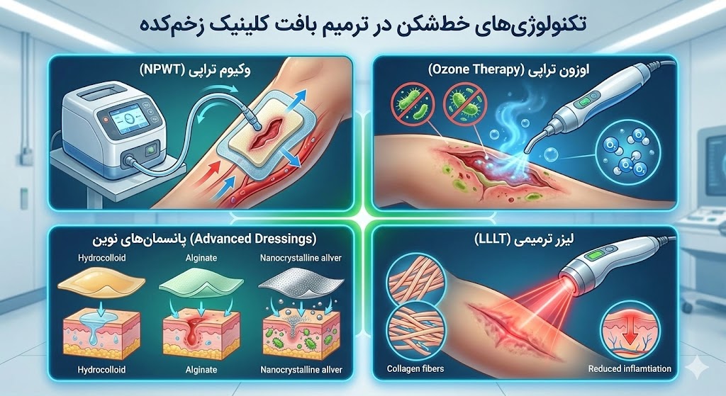 تصویر چهار تکنولوژی پیشرفته شامل وکیوم تراپی، اوزون تراپی، پانسمانهای نوین و لیزر کمتوان مورد استفاده در کلینیک درمان زخم حوادث زخمکده.