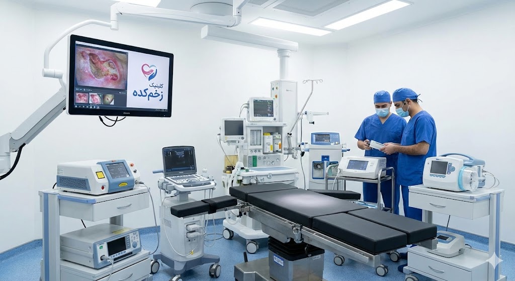 اتاق عمل مدرن کلینیک زخمکده مجهز به دستگاههای پیشرفته برای تشخیص و درمان نکروز زخم و دبریدمان بافتهای مرده توسط متخصصین.