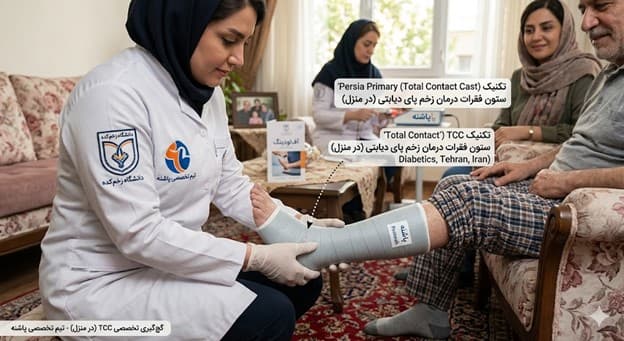 اجرای تکنیک گچگیری TCC و روشهای آفلودینگ موازی با تجویز کفش دیابتی برای زخم پا در منزل توسط کلینیک پاشنه
